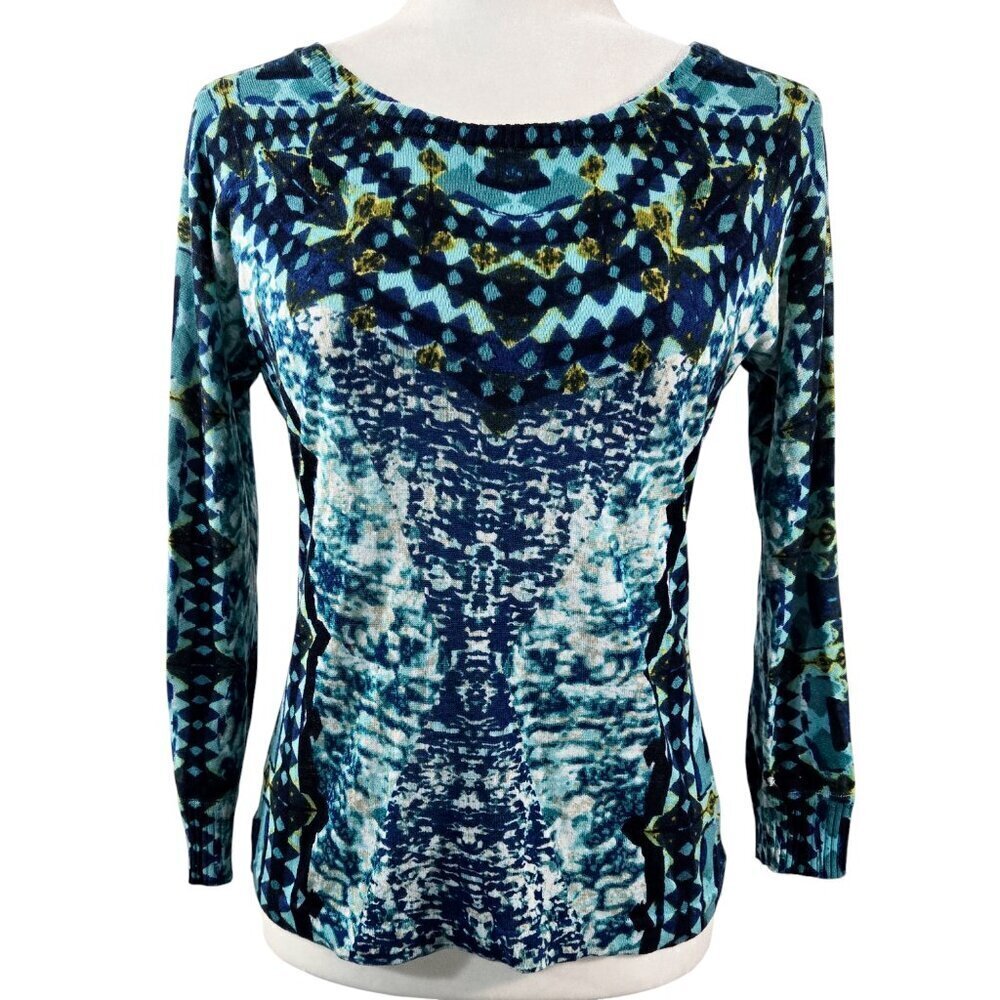 Nic+Zoe Silk Linen Blend Blue Abstract Geometric Dolman Sleeve Knit Top Artsy